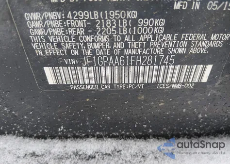 2015 Subaru Impreza 2.0I z USA, uszkodzony, nr VIN JF1GPAA61FH281745